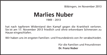 Traueranzeige von Marlies Nuber von 020