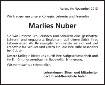 Traueranzeige von Marlies Nuber von 020