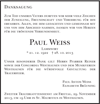 Traueranzeige von Paul Weiß von Schwäbische Post