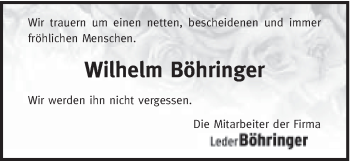 Traueranzeige von Wilhelm Böhringer von Schwäbische Post
