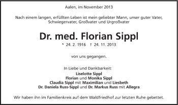 Traueranzeige von Florian Sippl von Schwäbische Post