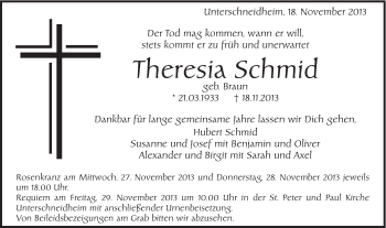 Traueranzeige von Theresia Schmid von Schwäbische Post
