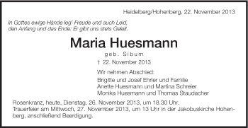 Traueranzeige von Maria Huesmann von Schwäbische Post