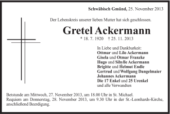 Traueranzeige von Gretel Ackermann von Gmünder Tagespost