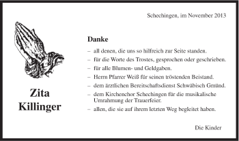 Traueranzeige von Zita Killinger von Gmünder Tagespost