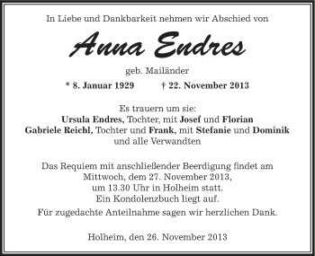 Traueranzeige von Anna Endres von Schwäbische Post