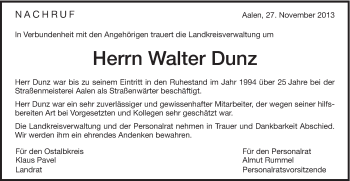 Traueranzeige von Walter Dunz von Schwäbische Post