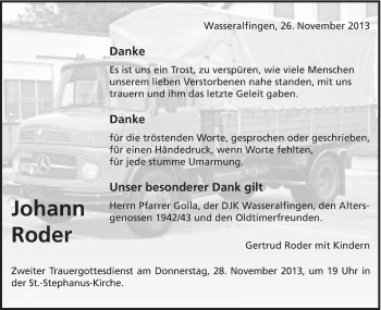 Traueranzeige von Johann Roder von Schwäbische Post