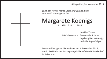 Traueranzeige von Margarete Koenigs von Schwäbische Post