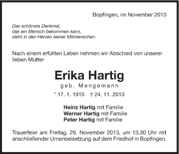 Traueranzeige von Erika Hartig von Schwäbische Post