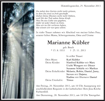 Traueranzeige von Marianne Kübler von Schwäbische Post