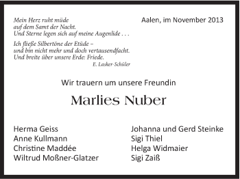 Traueranzeige von Marlies Nuber von Schwäbische Post