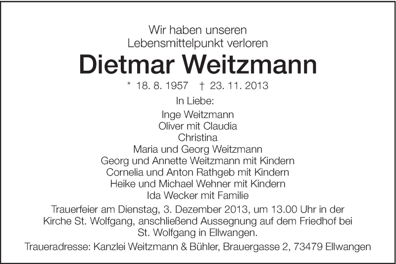  Traueranzeige für Dietmar Weitzmann vom 30.11.2013 aus Schwäbische Post