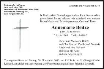 Traueranzeige von Annemarie Beitze von Gmünder Tagespost