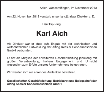 Traueranzeige von Karl Aich von Schwäbische Post