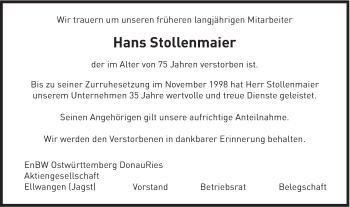 Traueranzeige von Hans Stollenmaier von Gmünder Tagespost