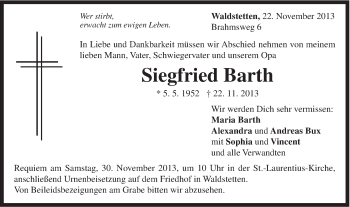 Traueranzeige von Siegfried Barth von Gmünder Tagespost