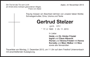 Traueranzeige von Gertrud Stelzer von Schwäbische Post