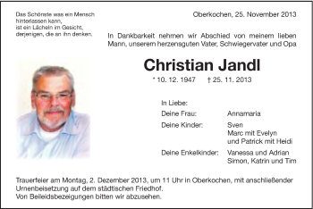 Traueranzeige von Christian Jandl von Schwäbische Post