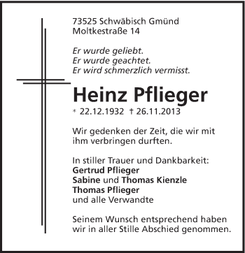 Traueranzeige von Heinz Pflieger von Gmünder Tagespost