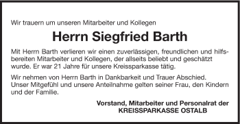 Traueranzeige von Siegfried Barth von Gmünder Tagespost
