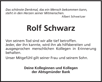 Traueranzeige von Rolf Schwarz von Schwäbische Post