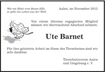 Traueranzeige von Ute Barnet von Schwäbische Post