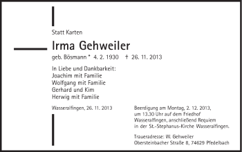 Traueranzeige von Irma Gehweiler von Schwäbische Post
