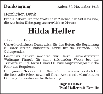 Traueranzeige von Hilda Heller von Schwäbische Post