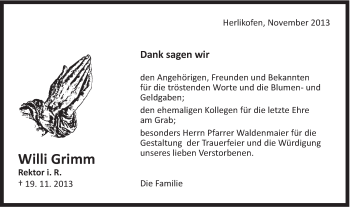 Traueranzeige von Willi Grimm von Gmünder Tagespost