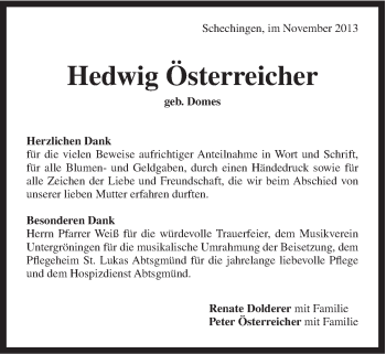 Traueranzeige von Hedwig Österreicher von Gmünder Tagespost