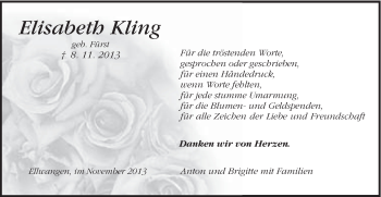 Traueranzeige von Elisabeth Kling von Schwäbische Post