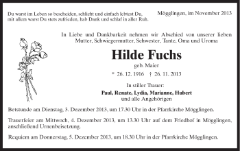 Traueranzeige von Hilde Fuchs von Gmünder Tagespost