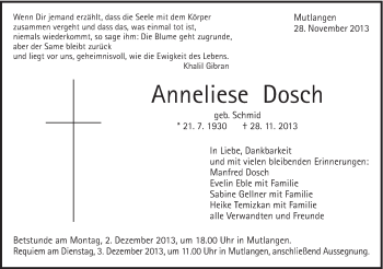 Traueranzeige von Anneliese Dosch von Gmünder Tagespost