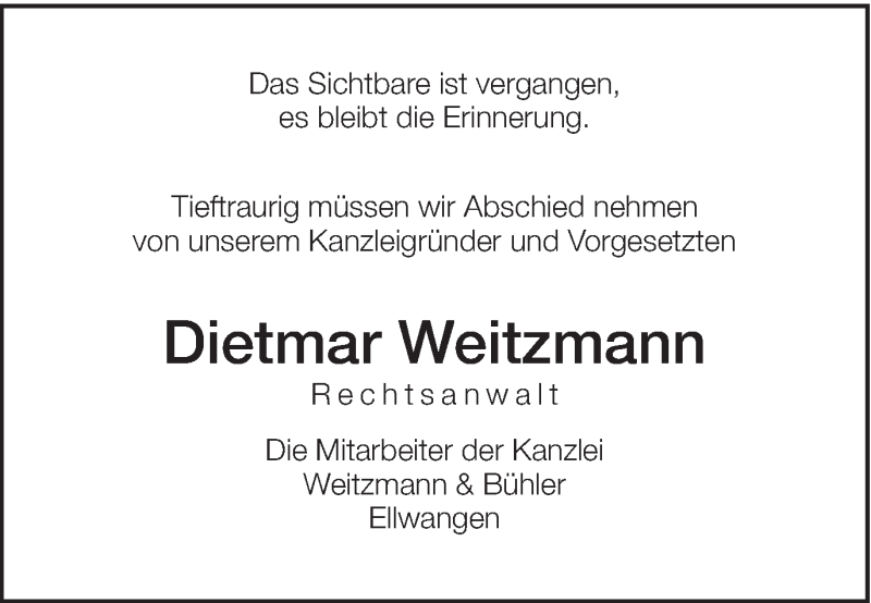  Traueranzeige für Dietmar Weitzmann vom 30.11.2013 aus Schwäbische Post
