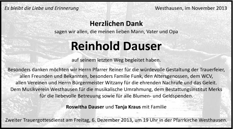  Traueranzeige für Reinhold Dauser vom 30.11.2013 aus Schwäbische Post