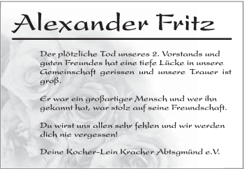 Traueranzeige von Alexander Fritz von Gmünder Tagespost