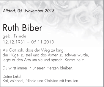 Traueranzeige von Ruth Biber von Gmünder Tagespost