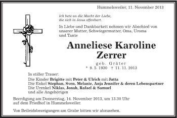 Traueranzeige von Anneliese Karoline Zerrer von Schwäbische Post