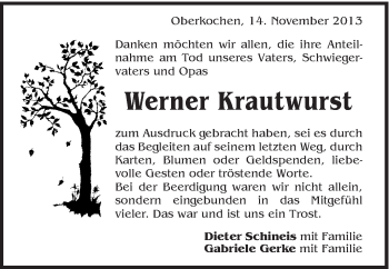 Traueranzeige von Werner Krautwurst von Schwäbische Post