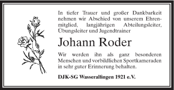 Traueranzeige von Johann Roder von Schwäbische Post
