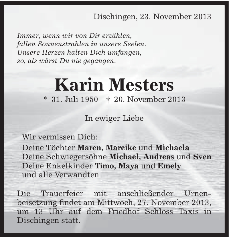  Traueranzeige für Karin Mesters vom 23.11.2013 aus Schwäbische Post