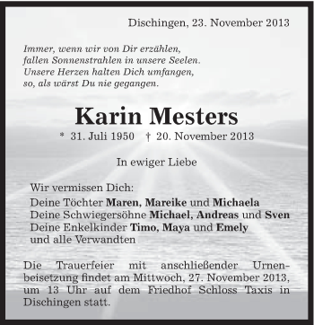 Traueranzeige von Karin Mesters von Schwäbische Post