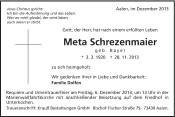 Traueranzeige von Meta Schrezenmaier von Schwäbische Post