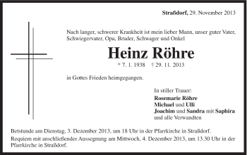 Traueranzeige von Heinz Röhre von Gmünder Tagespost