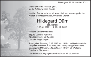 Traueranzeige von Hildegard Dürr von Schwäbische Post