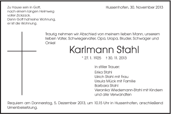 Traueranzeige von Karlmann Stahl von Gmünder Tagespost