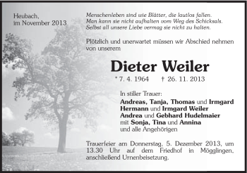 Traueranzeige von Dieter Weiler von Schwäbische Post