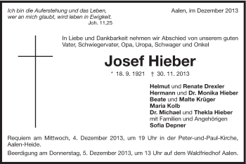 Traueranzeige von Josef Hieber von Schwäbische Post
