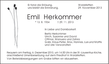 Traueranzeige von Emil Herkommer von Gmünder Tagespost